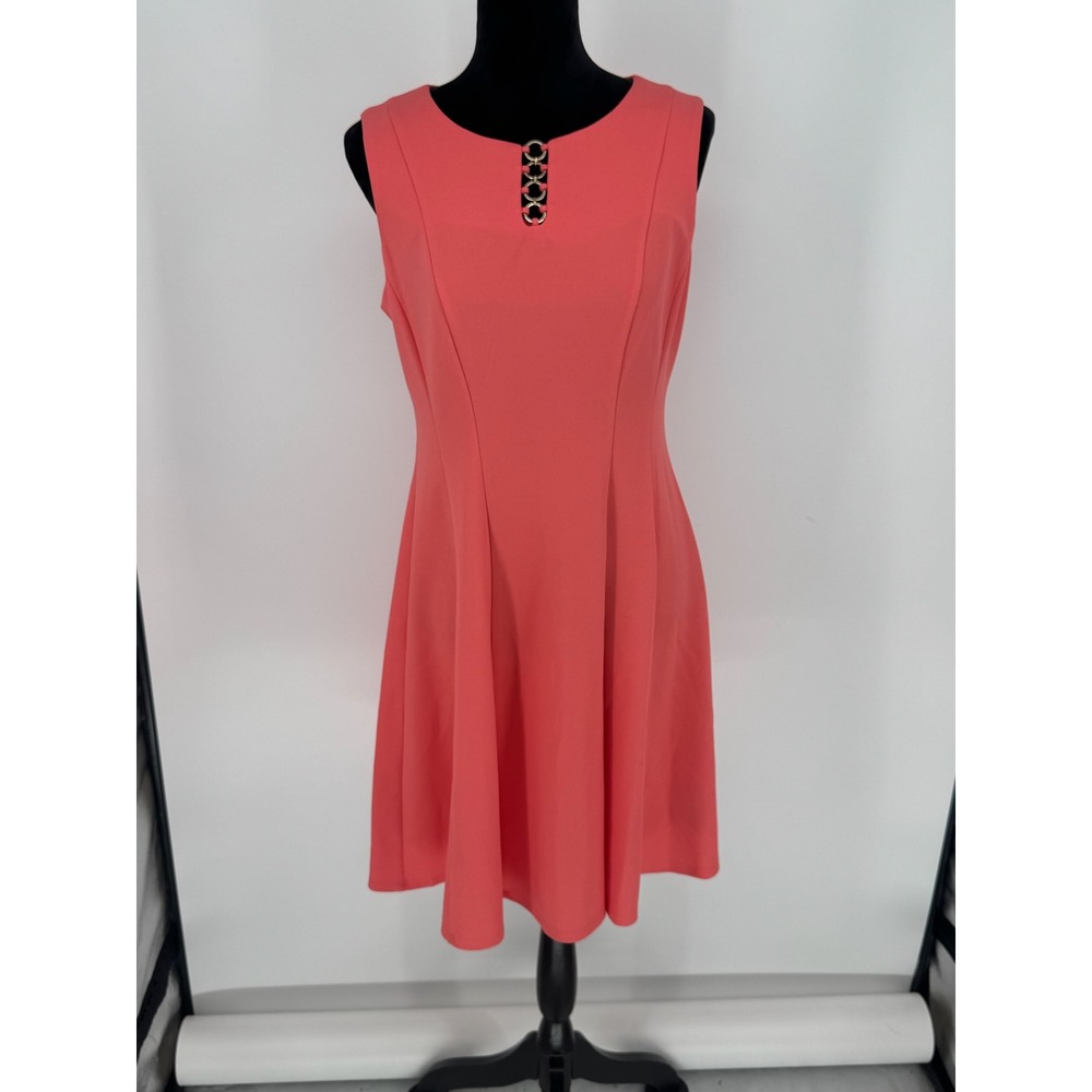 ALYX Women's 8 Sleeveless Coral Solid Knee Length Dress Gold Accents Fit & Flare